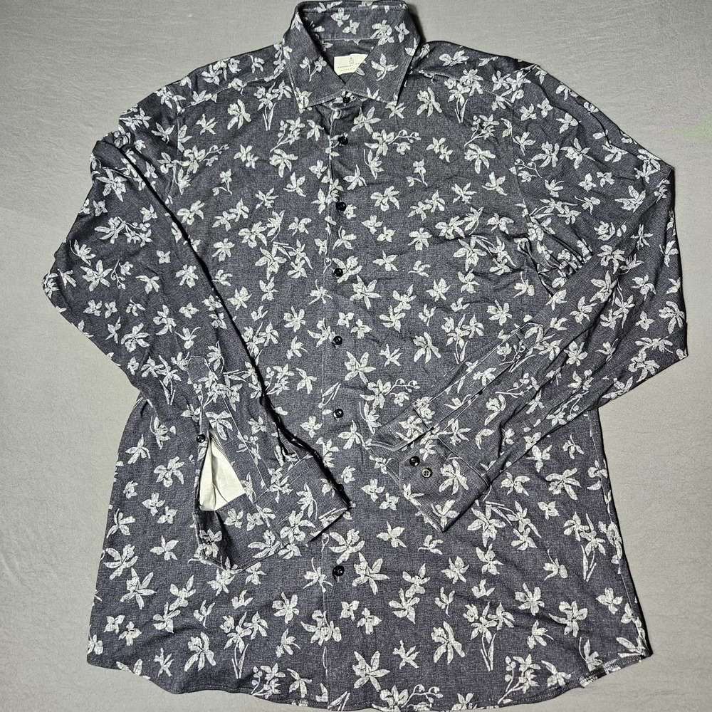 Emanuel Berg Modern Fit Floral Button Up Shirt Mens Large 16.5 Navy Long Sleeve
